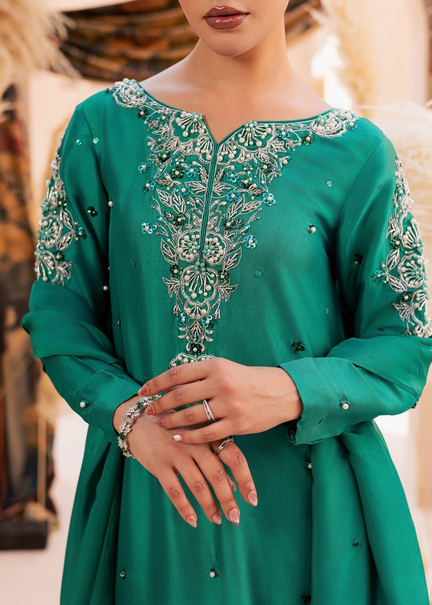tussar silk Kaftan in Sea green