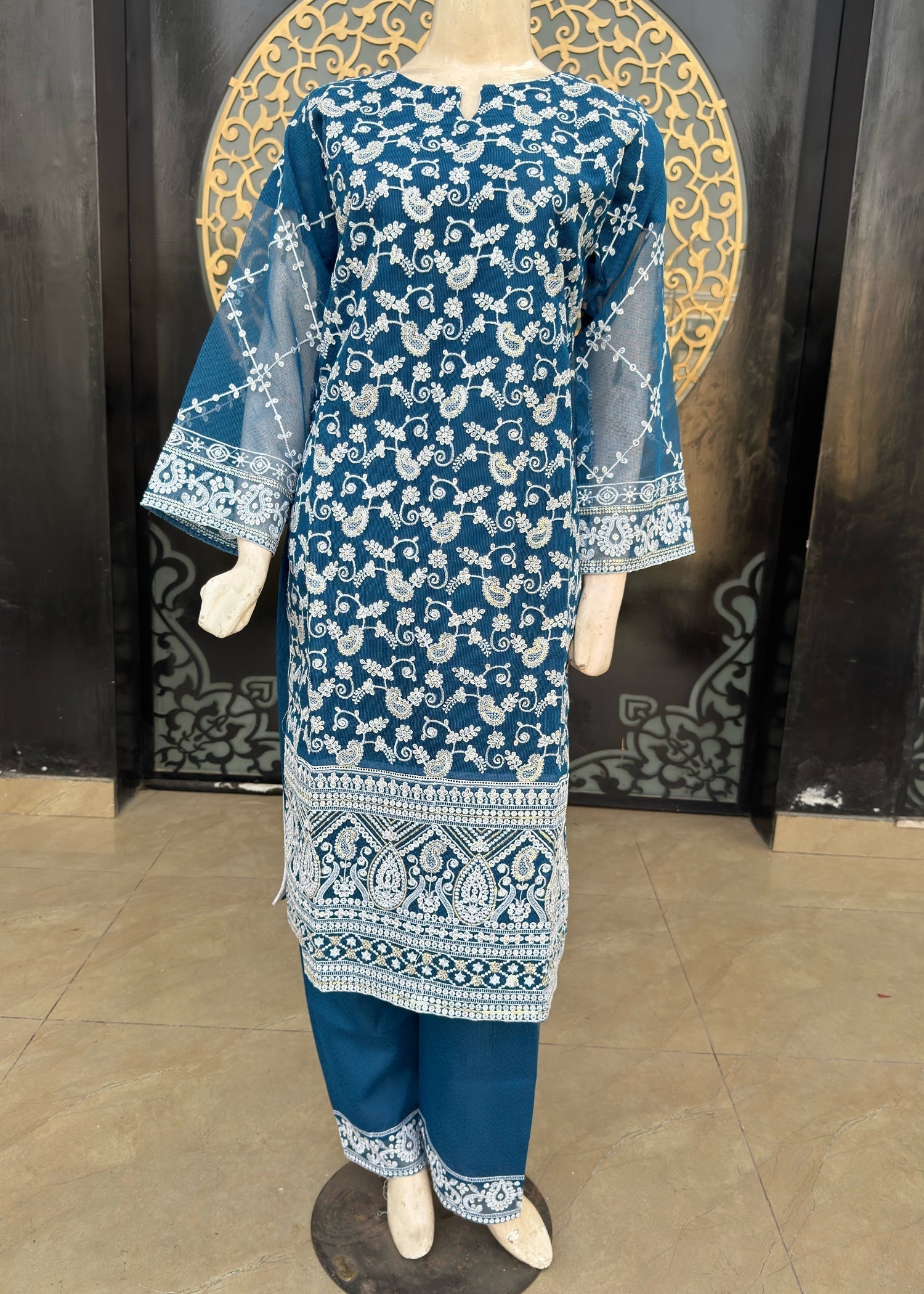 khaddi net Kurta Set in Teal