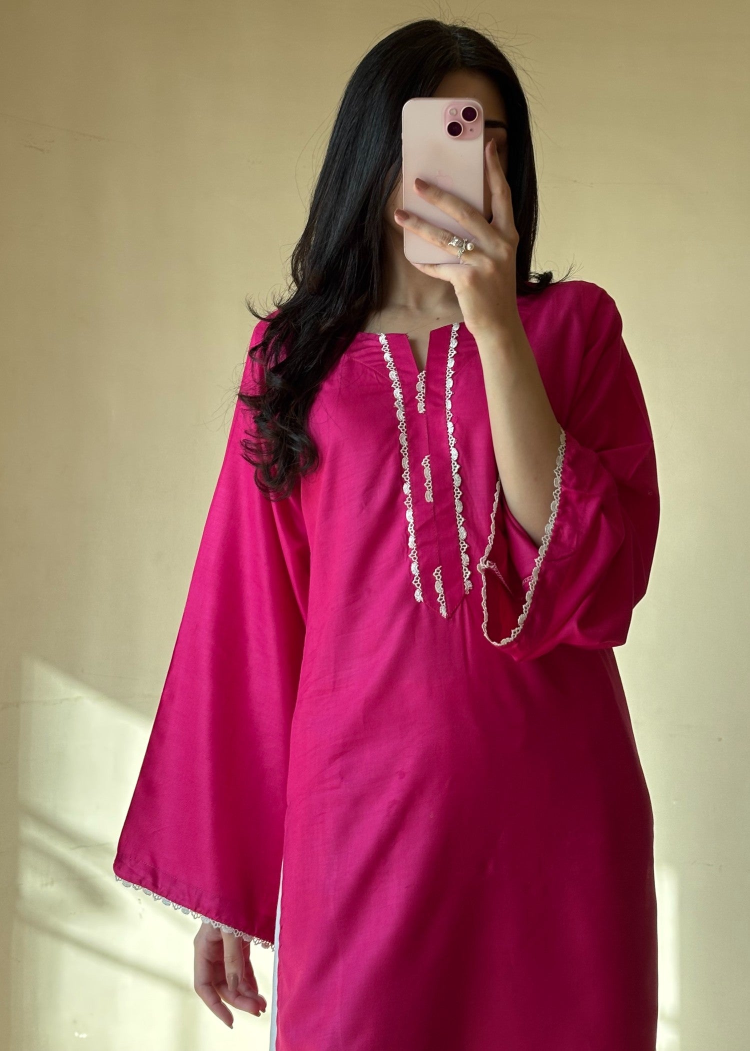 arabic lawn Kurta Set in Hot pink red