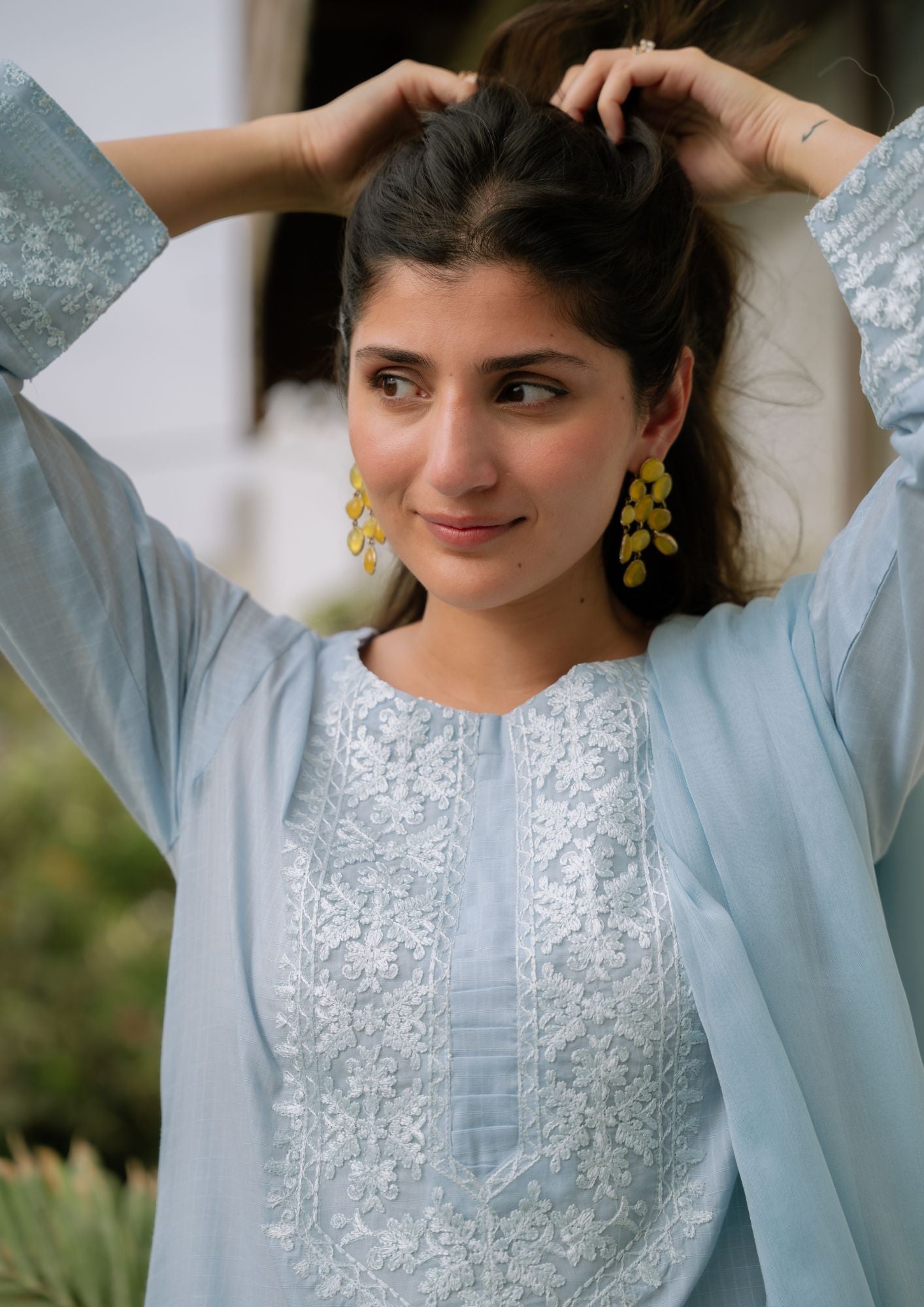 lawn Kurta Set in Ice blue, lemon chiffon