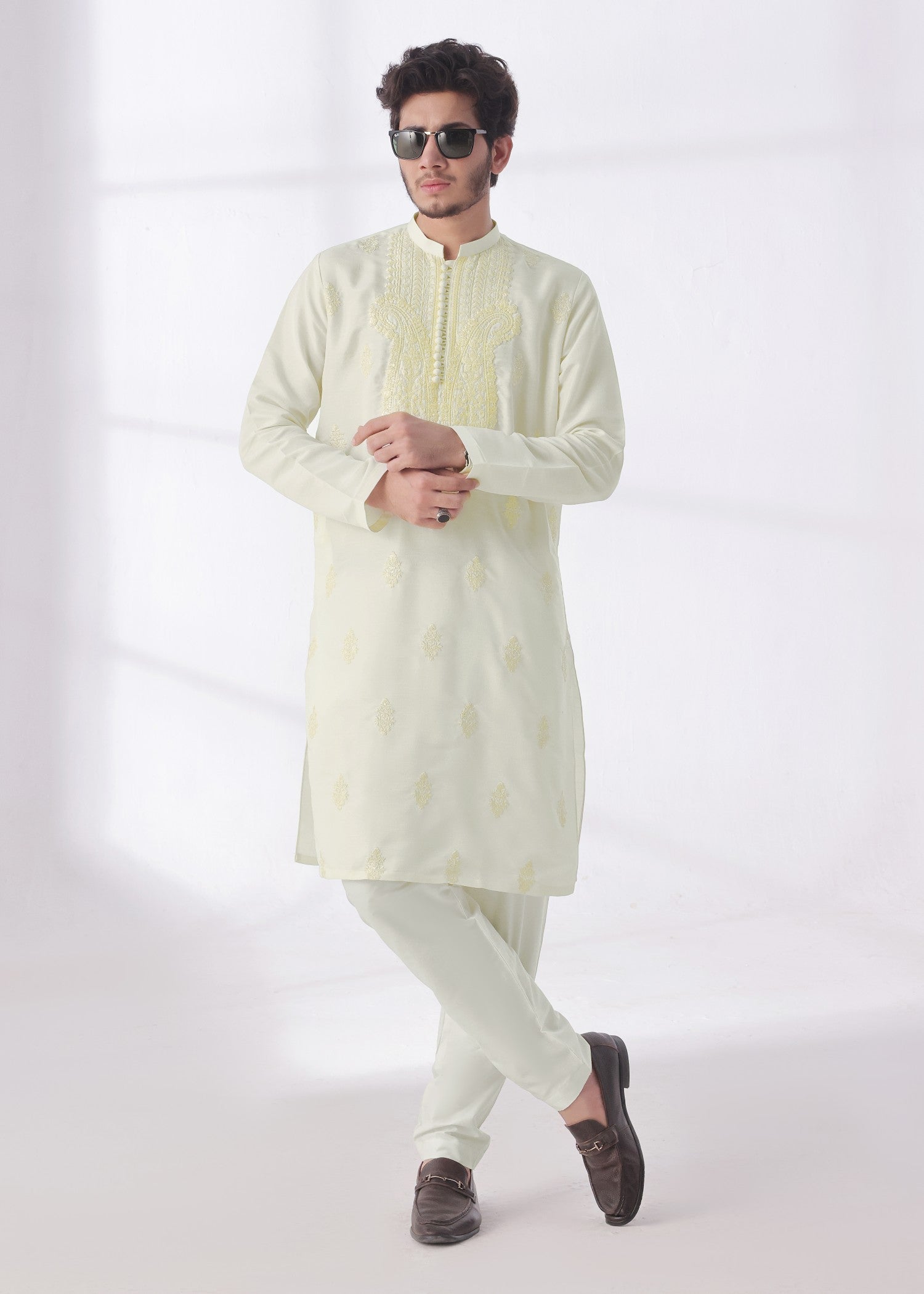 raw silk Kurta Set in Cream by Bin Musab