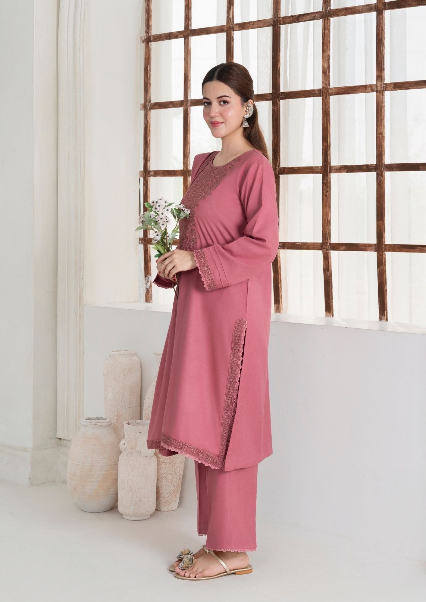 dhanak Kurta Set in Tea rose pink