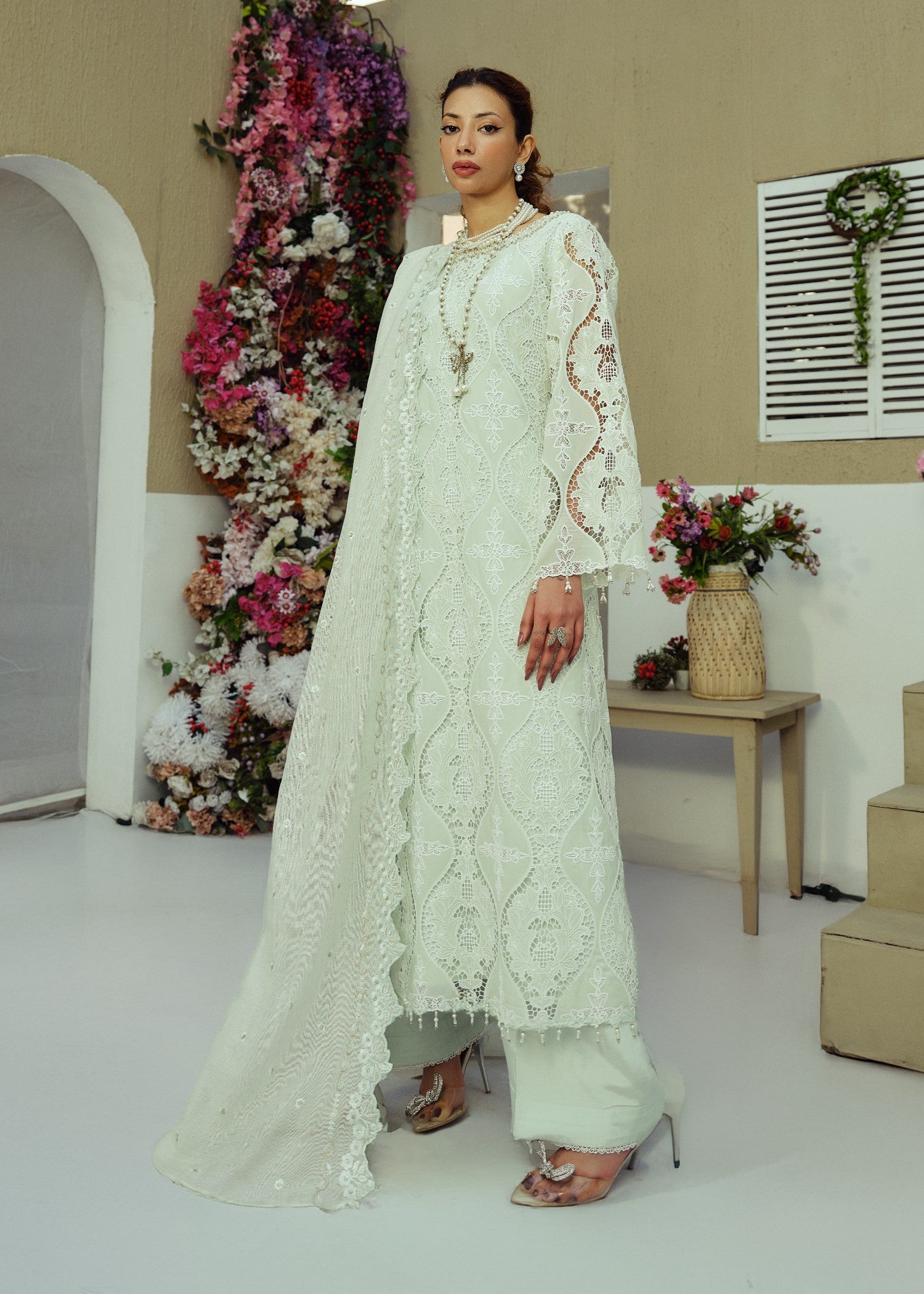 schiffli Kurta Set in Tea green