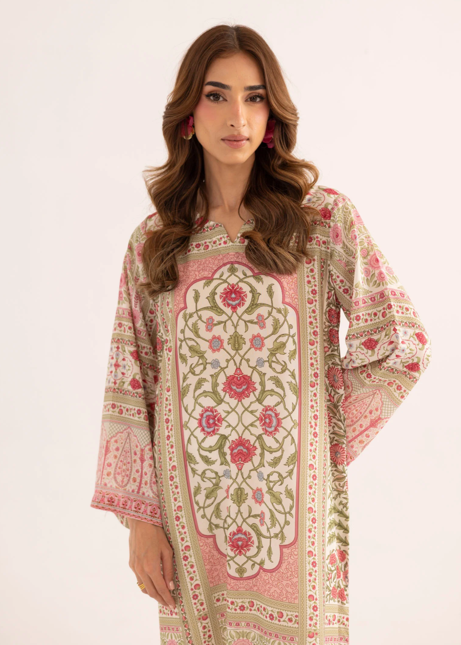 silk finish lawn Kaftan in Peach pink