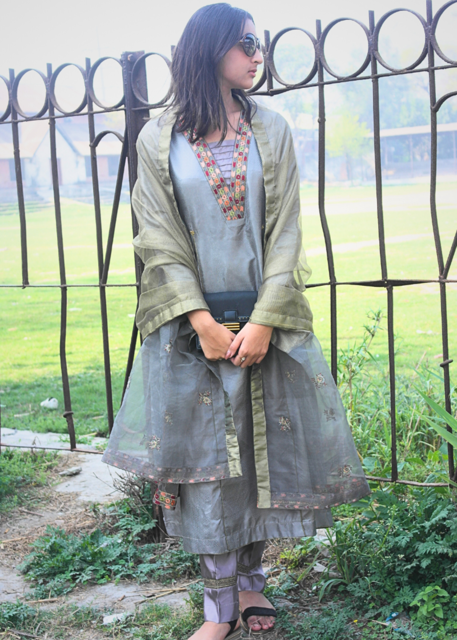 jacquard silk Anarkali in Ash grey