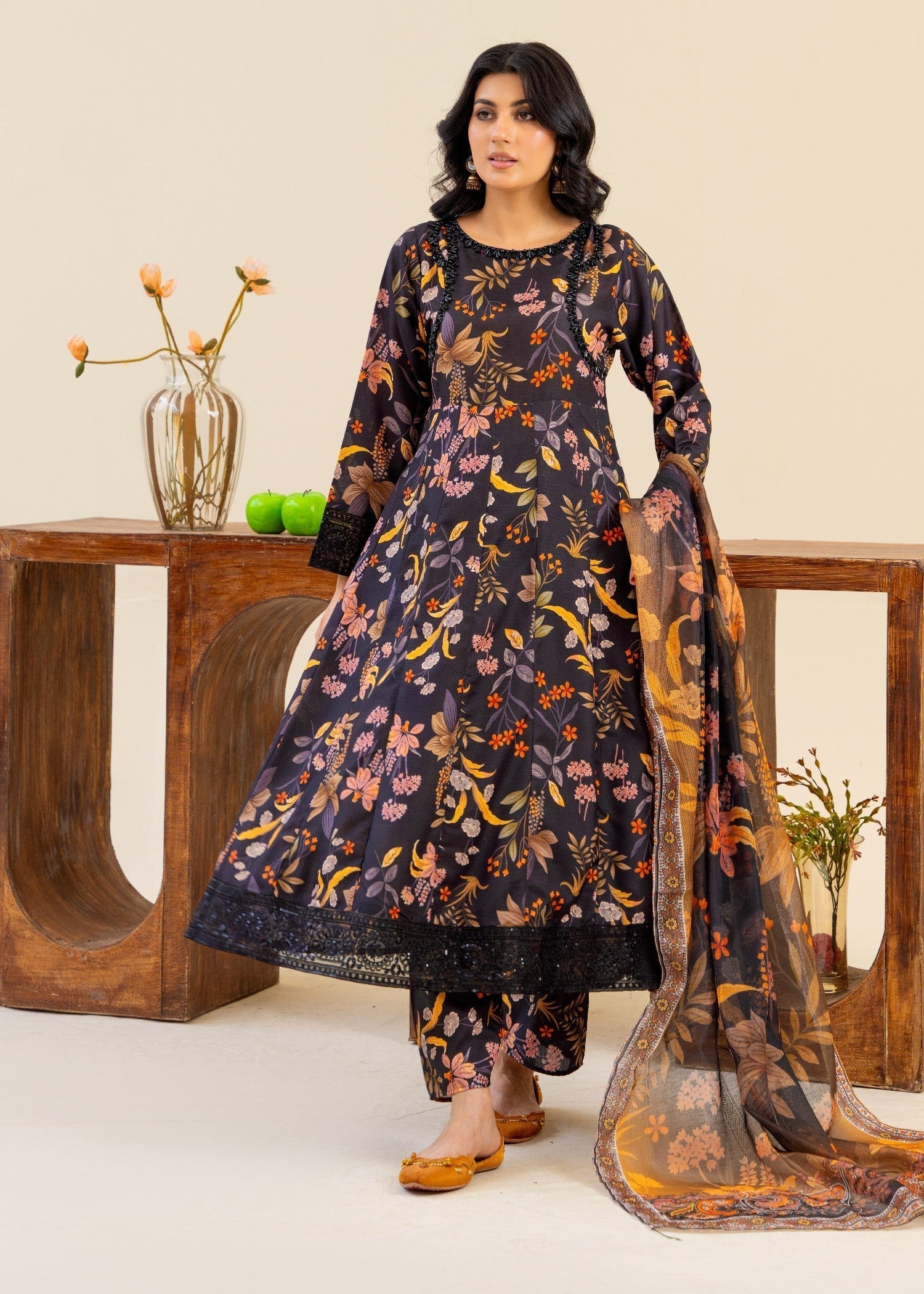corduroy Anarkali in Black