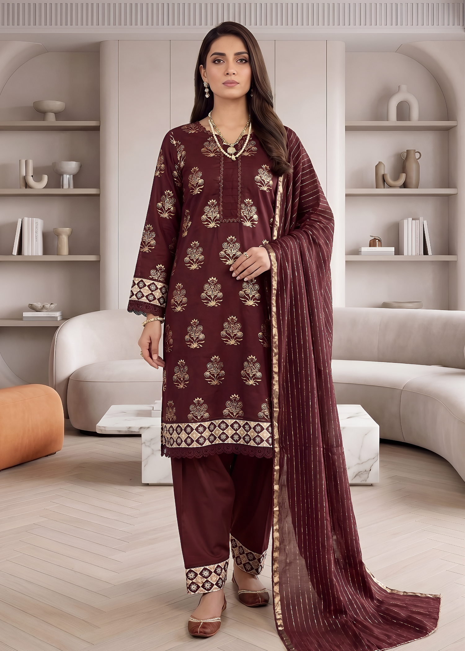 linen chambray Kurta Set in Brown
