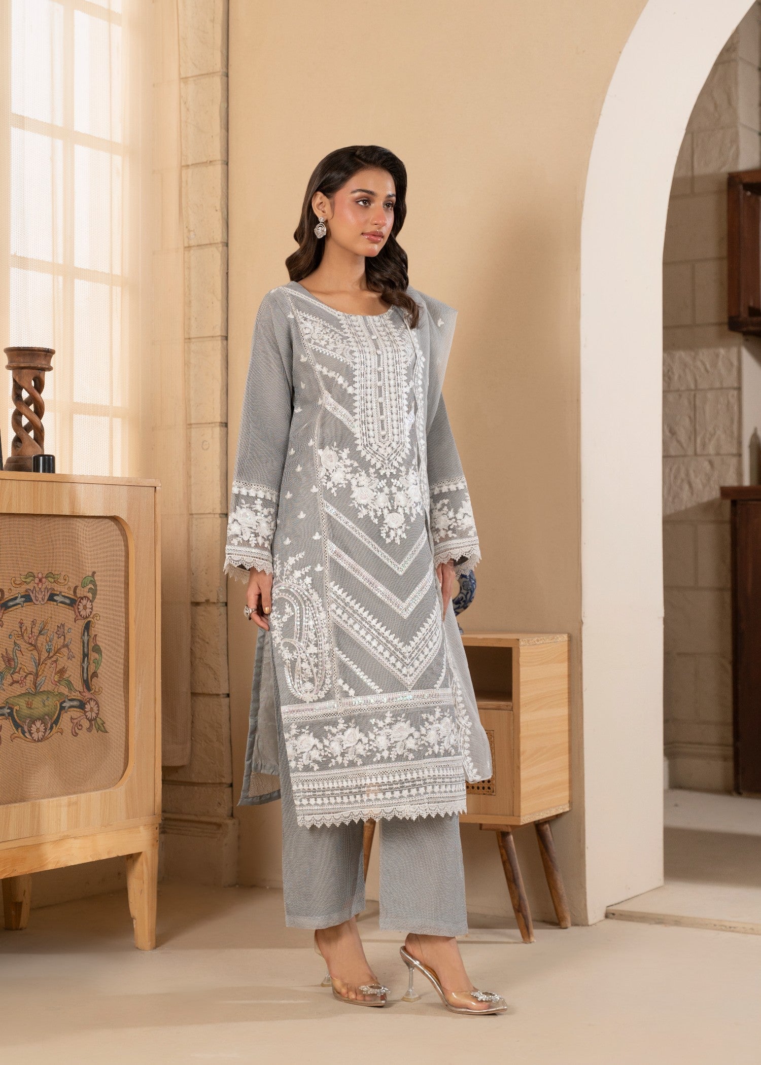 khaddi net Kurta Set in Ash grey