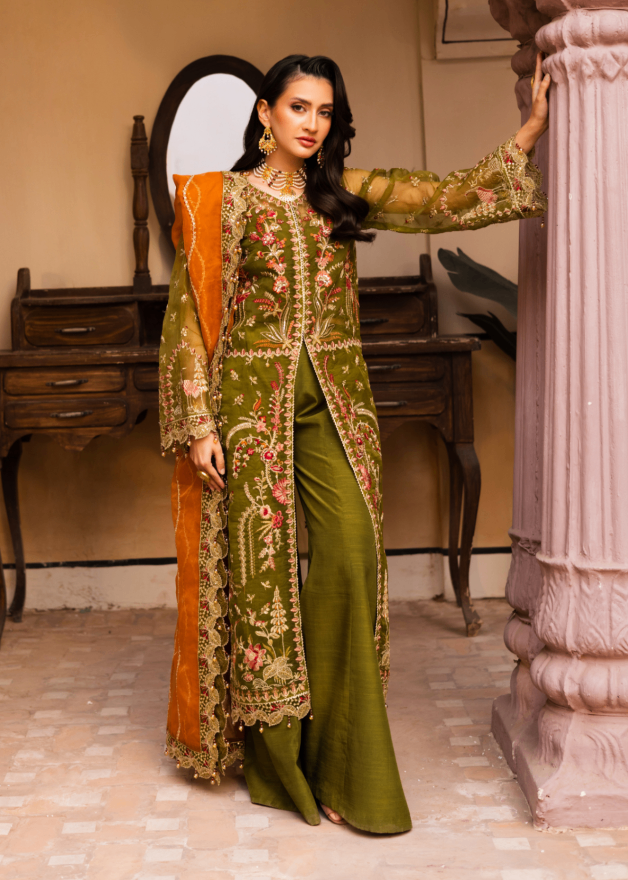 organza Unstitched in Olive green