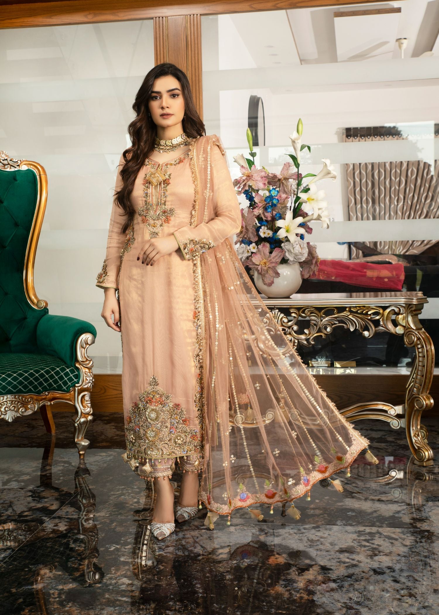bemberg crinkle chiffon Kurta Set in Peach pink