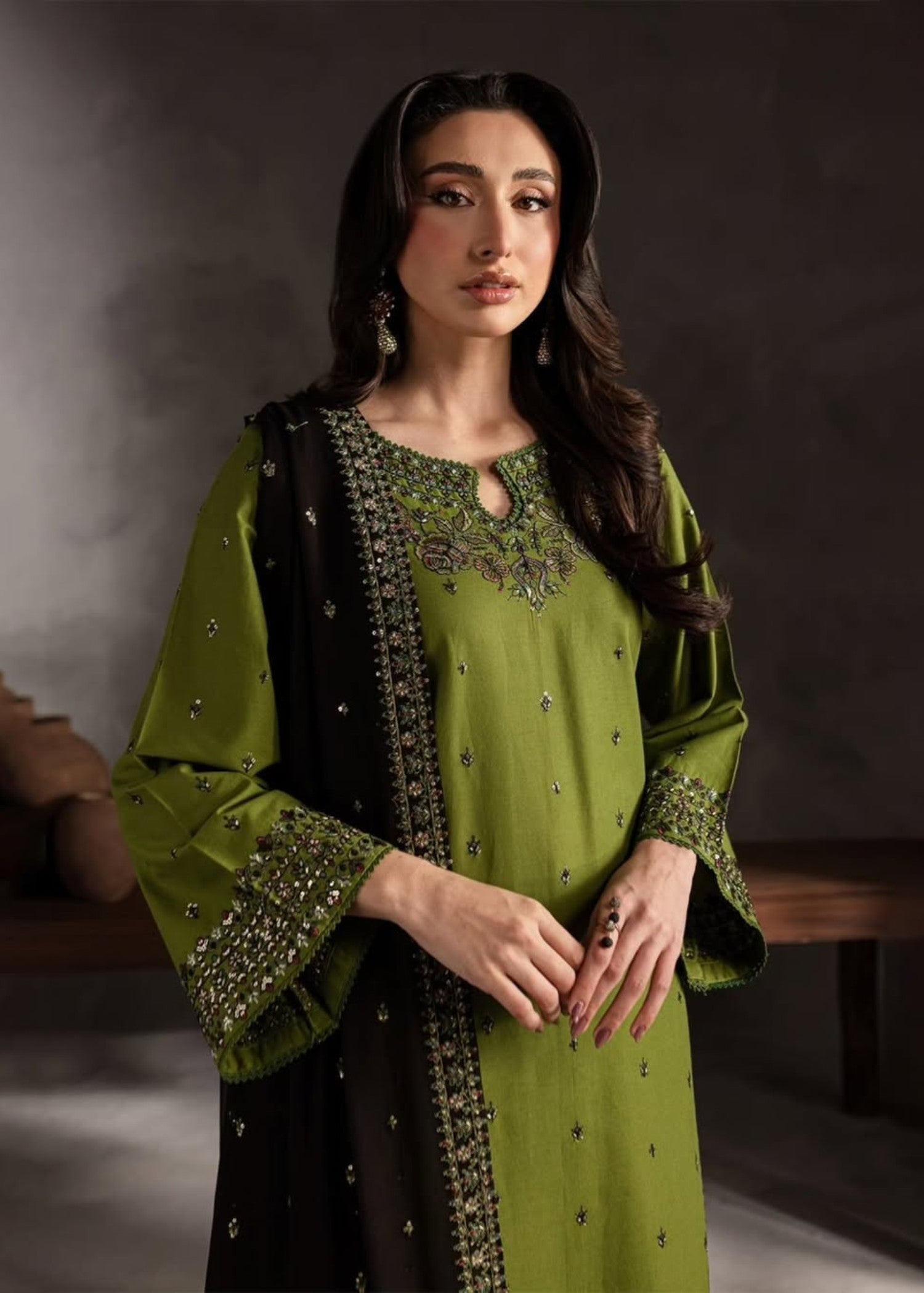 linen Kurta Set in Olive green