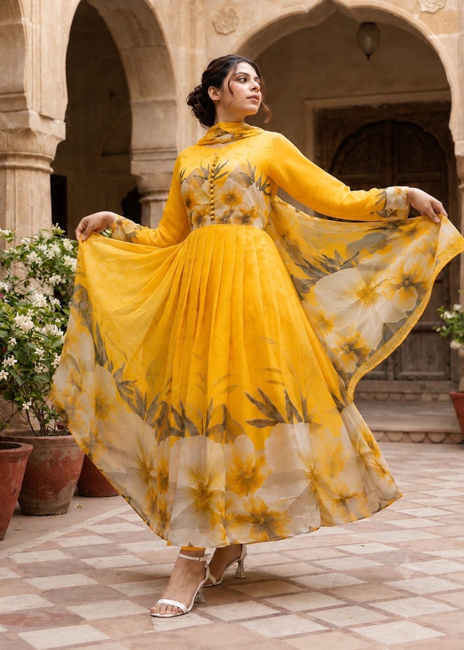 crinkle chiffon Pishwas in Saffron