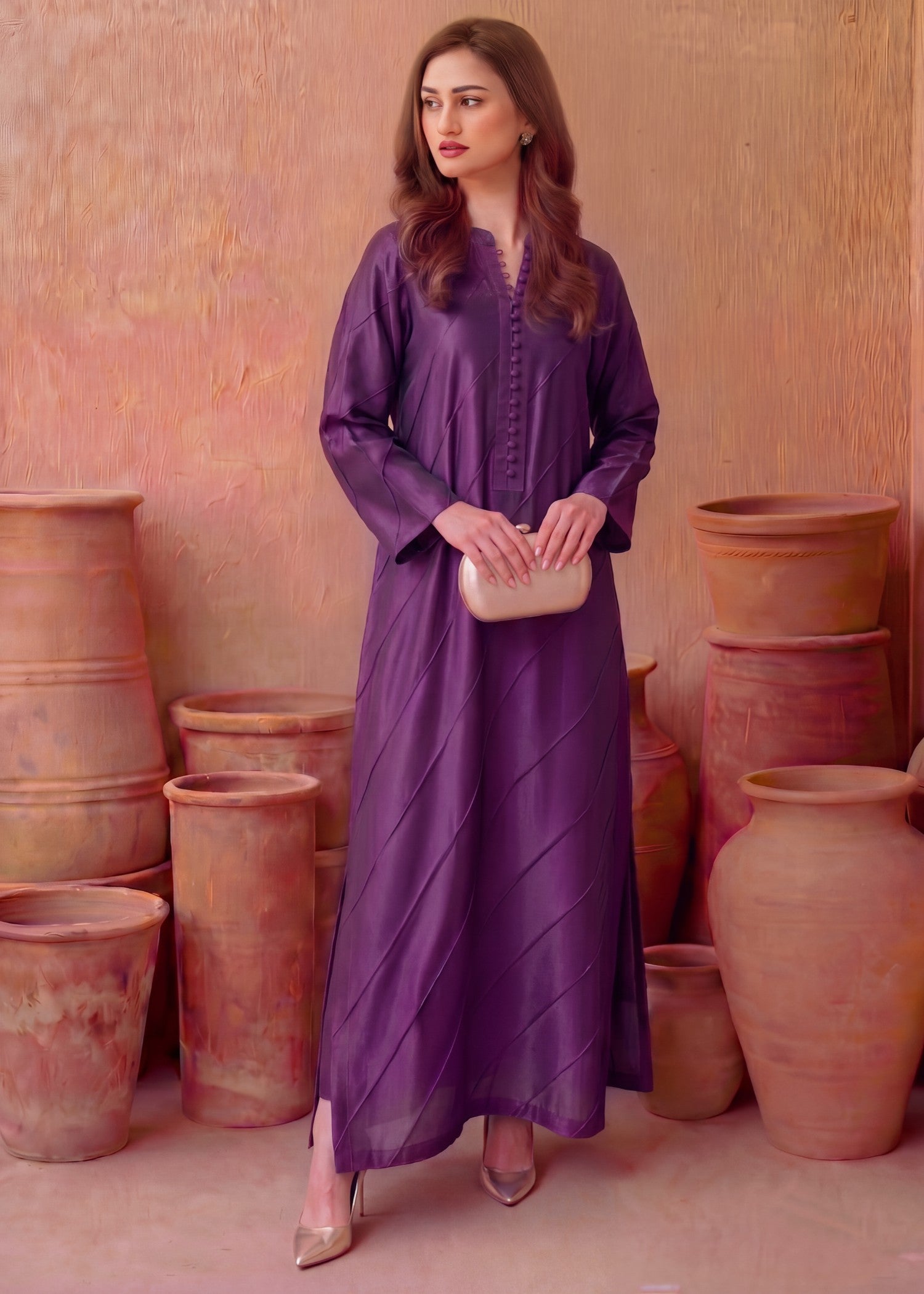 raw silk Kaftan in Purple