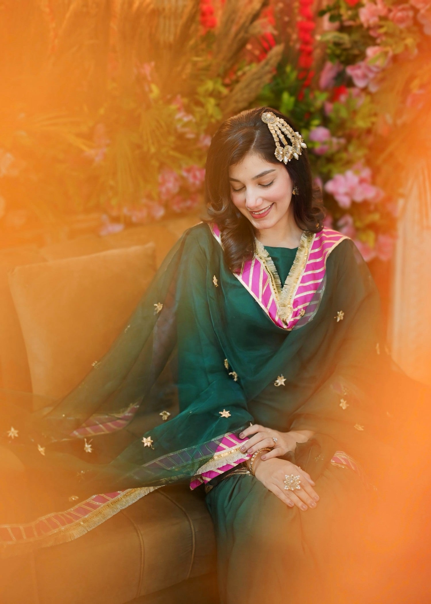 georgette silk Gharara in Bottle green