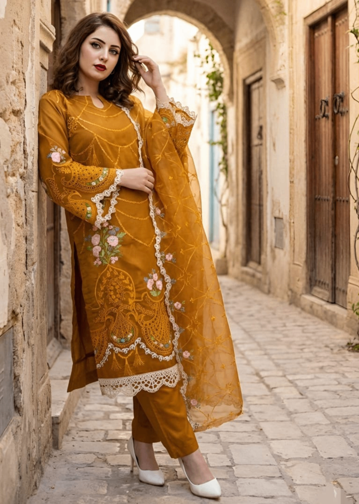 cotton net Kurta Set in Mustard