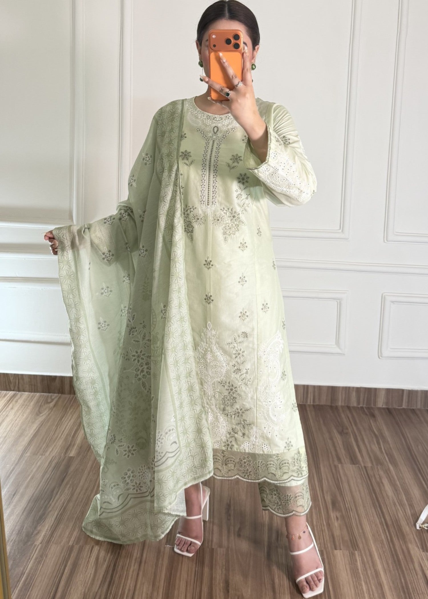 lawn cotton Kurta Set in Tea green