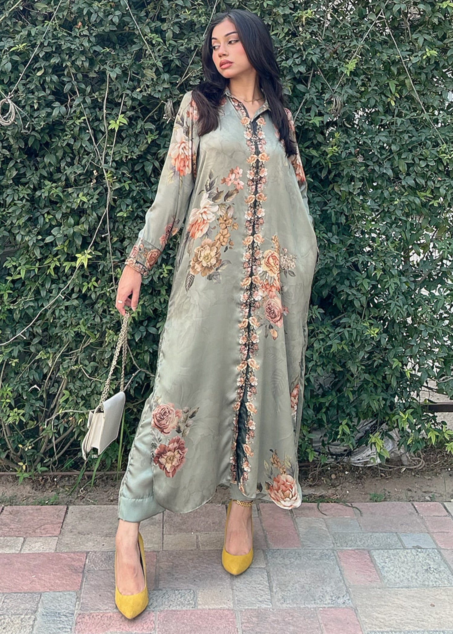 satin silk Kurta Set in Sage green