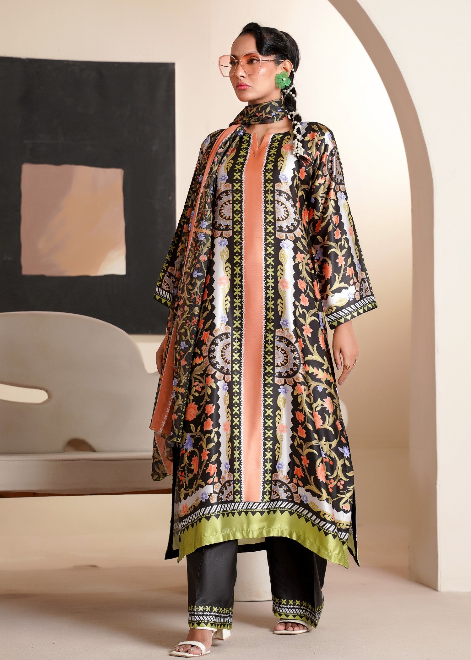 silk Kurta Set in Black, peach orange