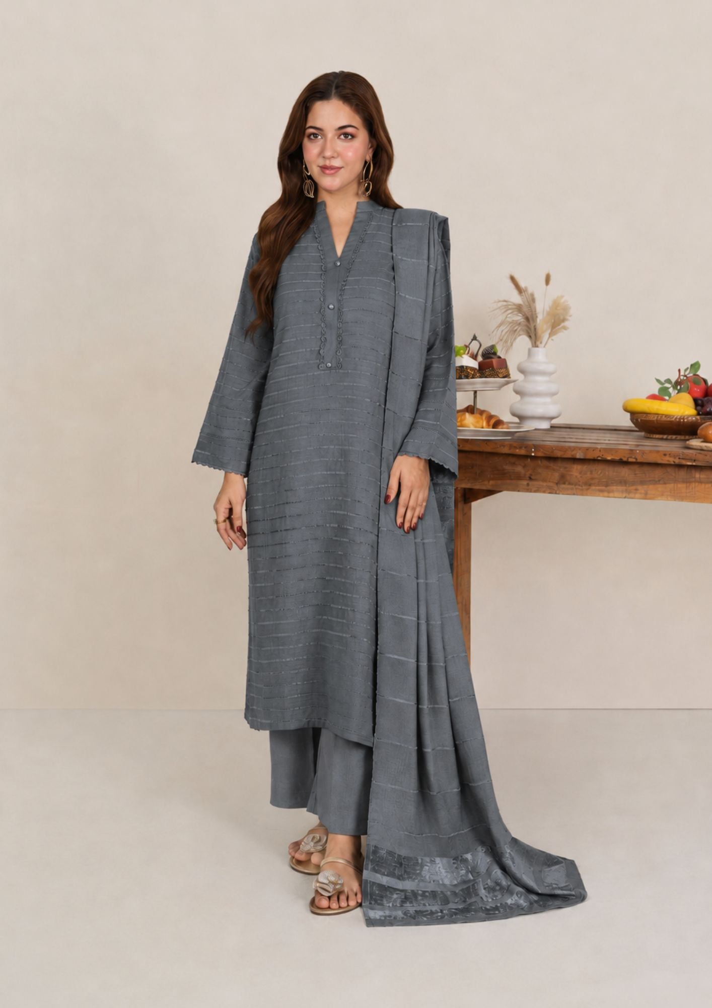 dhanak wool Kurta Set in Grey