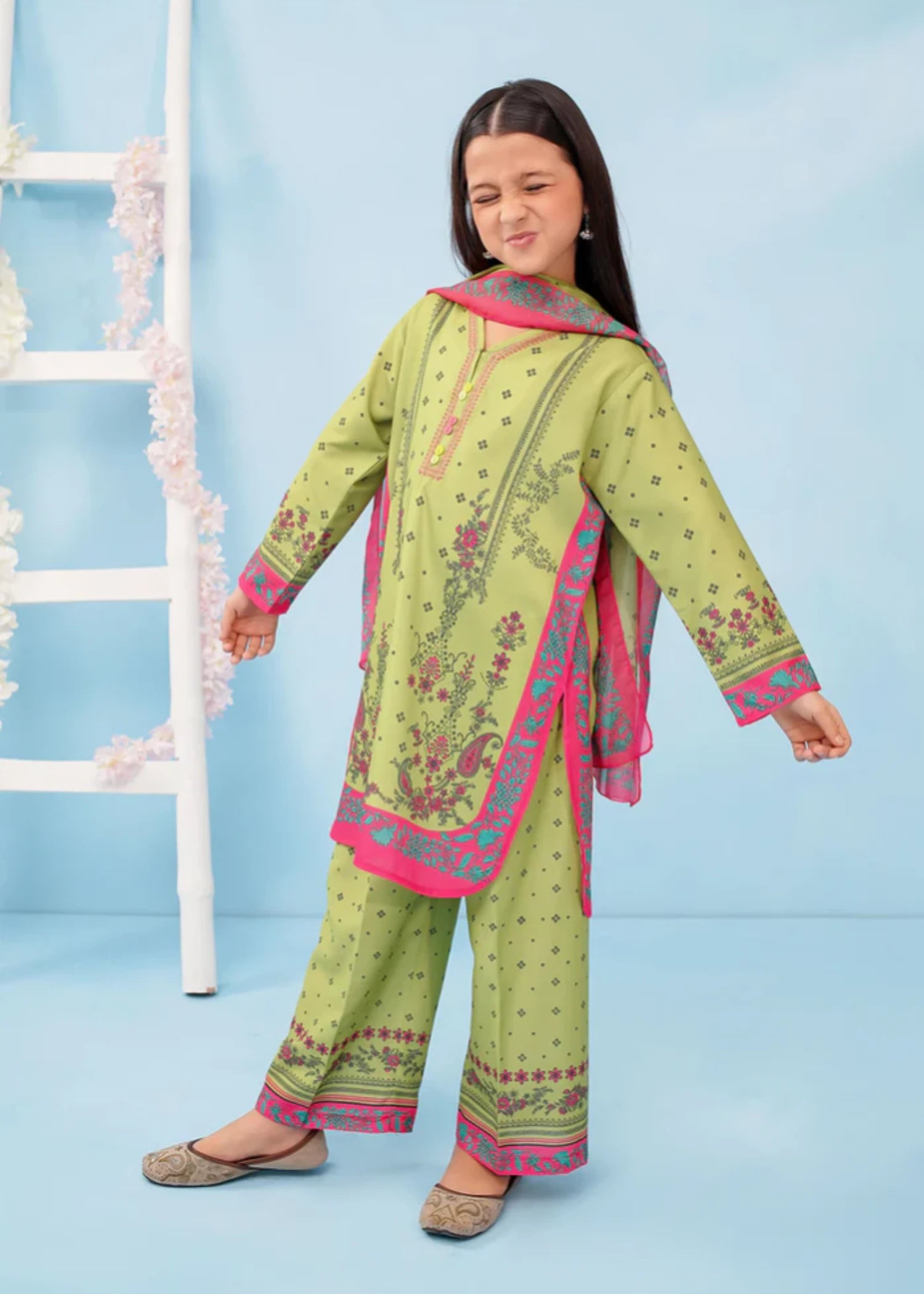 poly lawn Kurta Set in Lime green