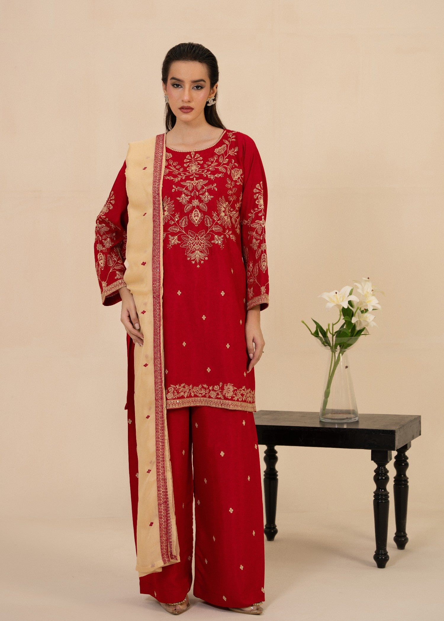 raw silk Kurta Set in Tomato red