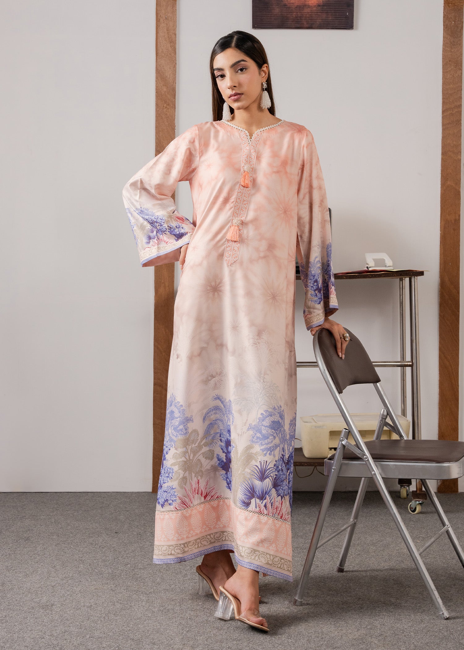 slub lawn Kaftan in Peach pink