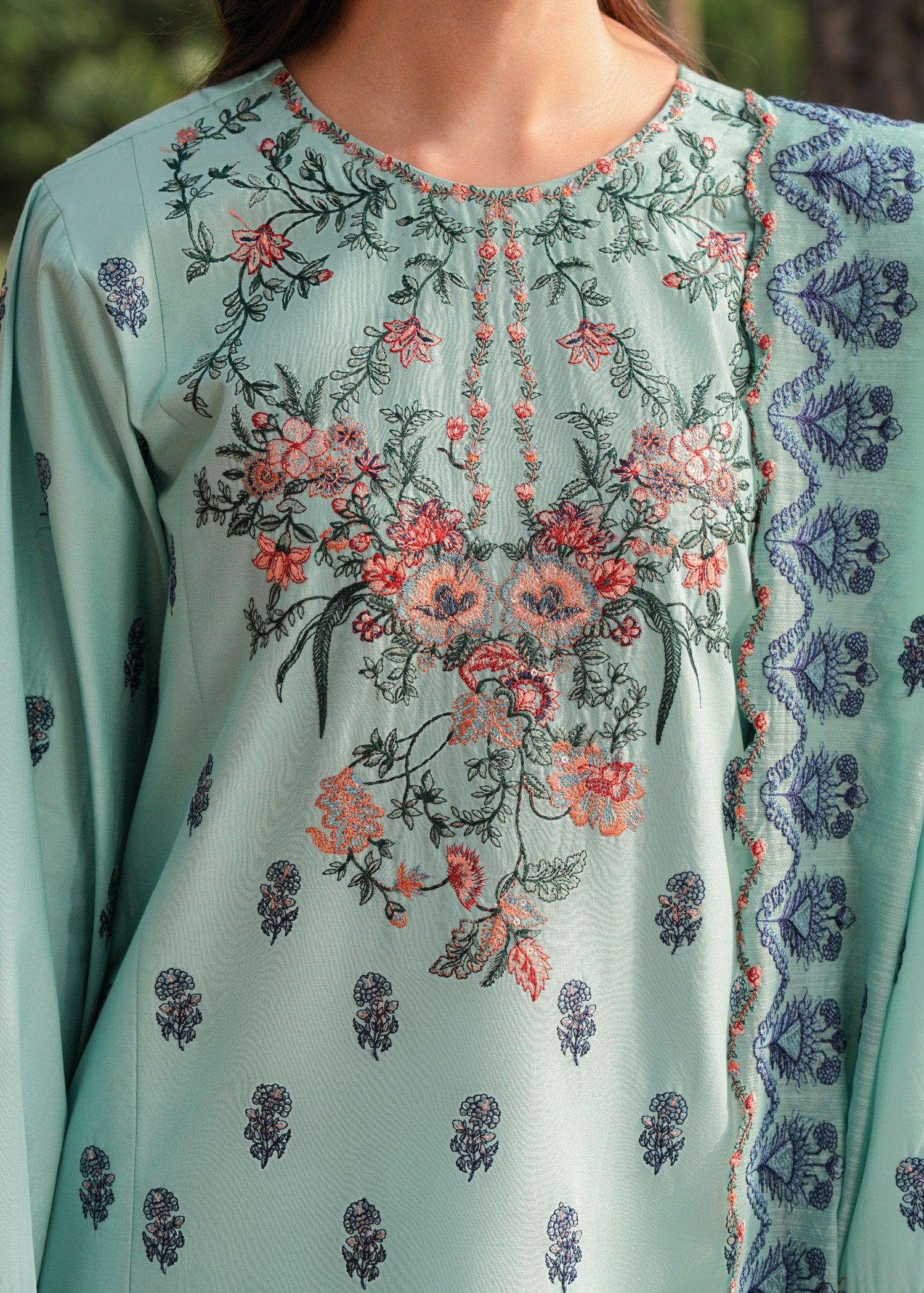 cotton Kurta Set in Navy blue, pastel green