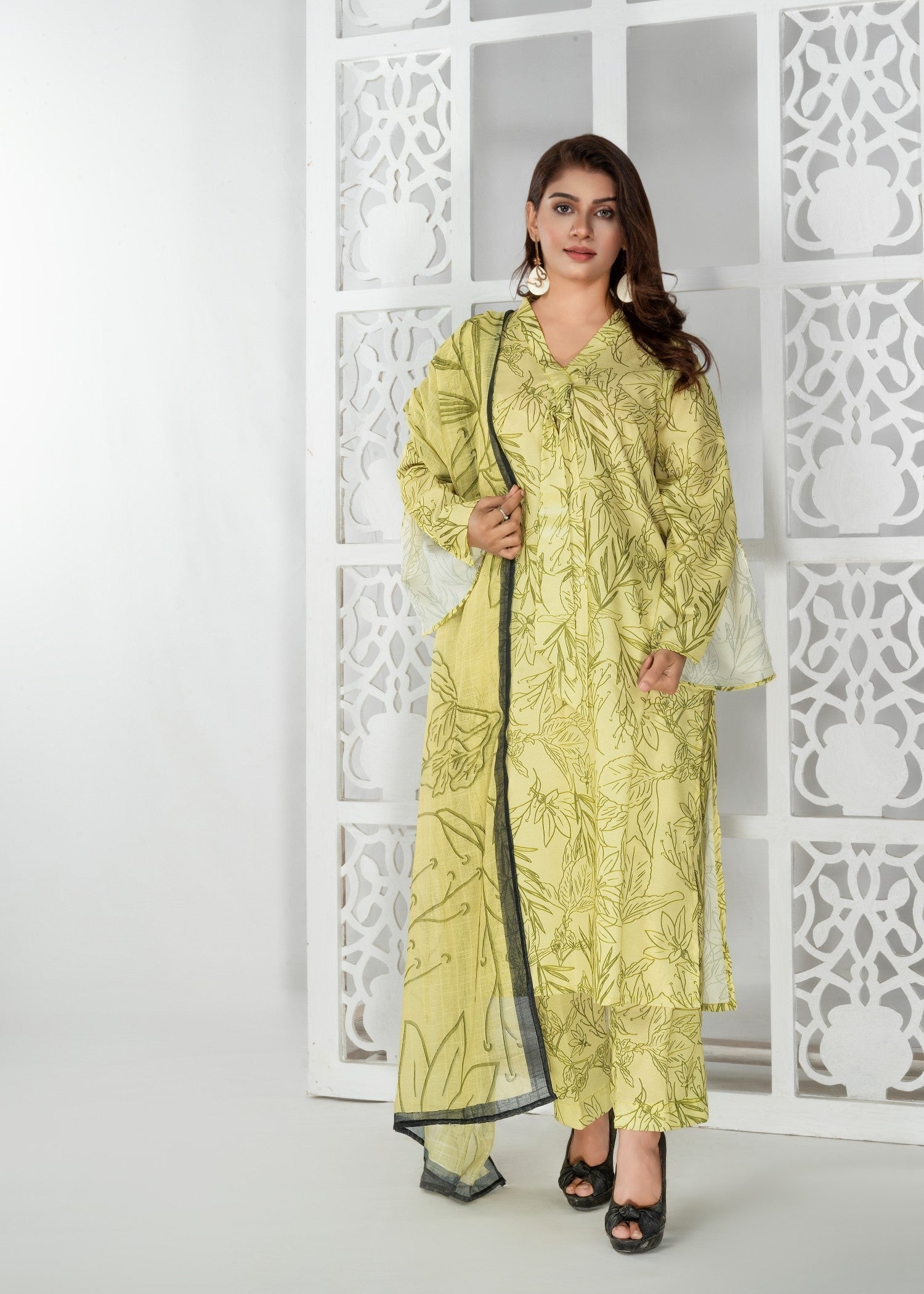 cotton Kurta Set in Yellow green
