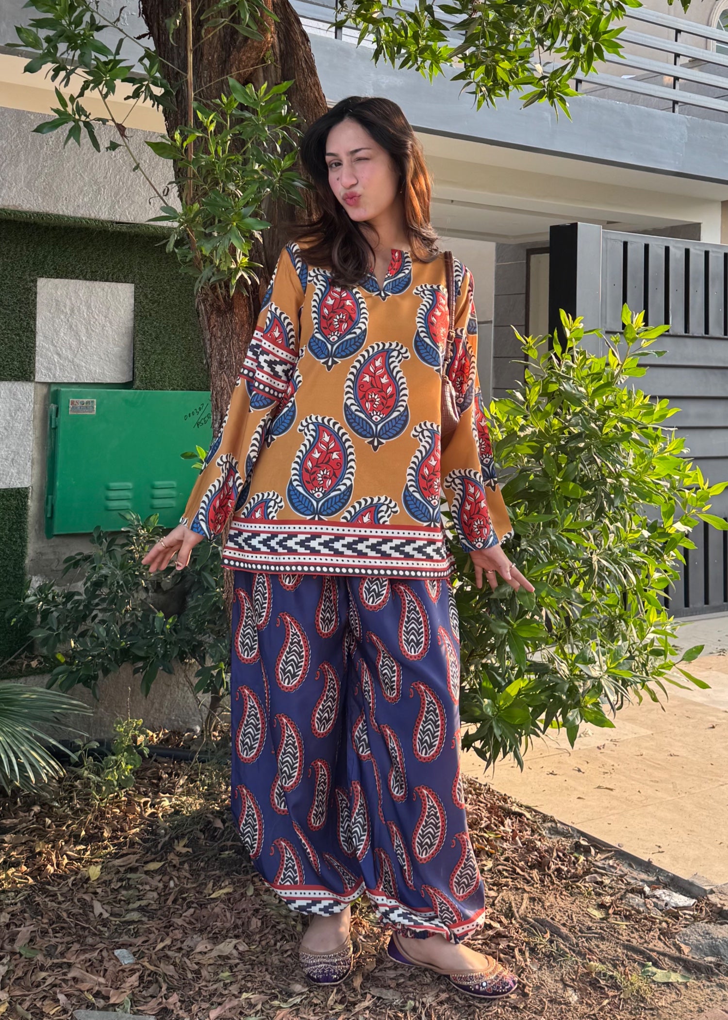 poly lawn Kurta Set in Navy blue, honey