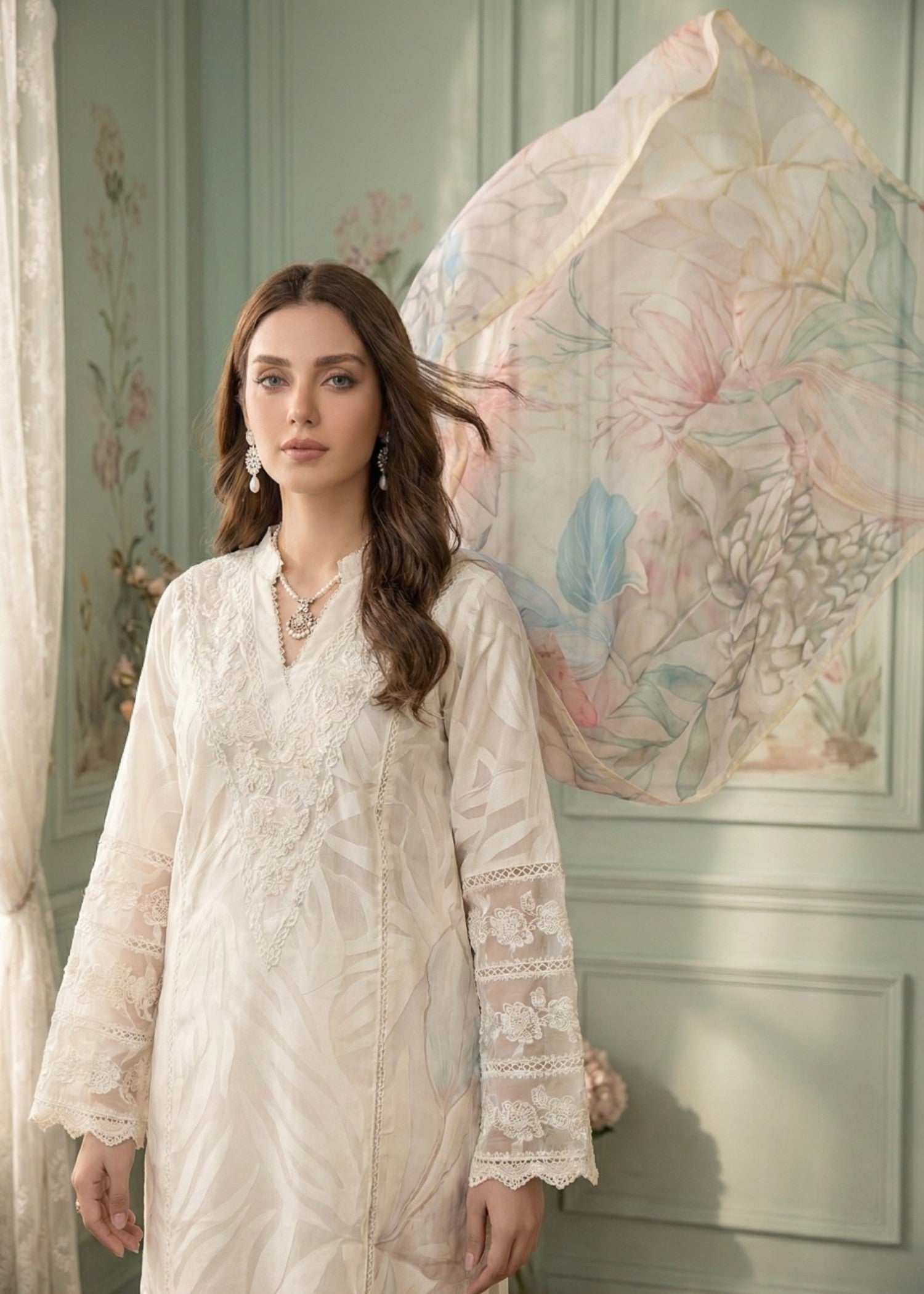 jacquard organza Kurta Set in Light yellow