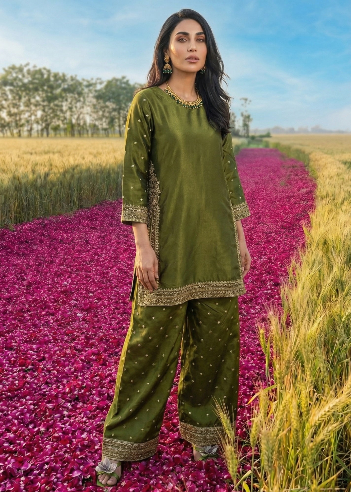 raw silk Kurta Set in Olive green