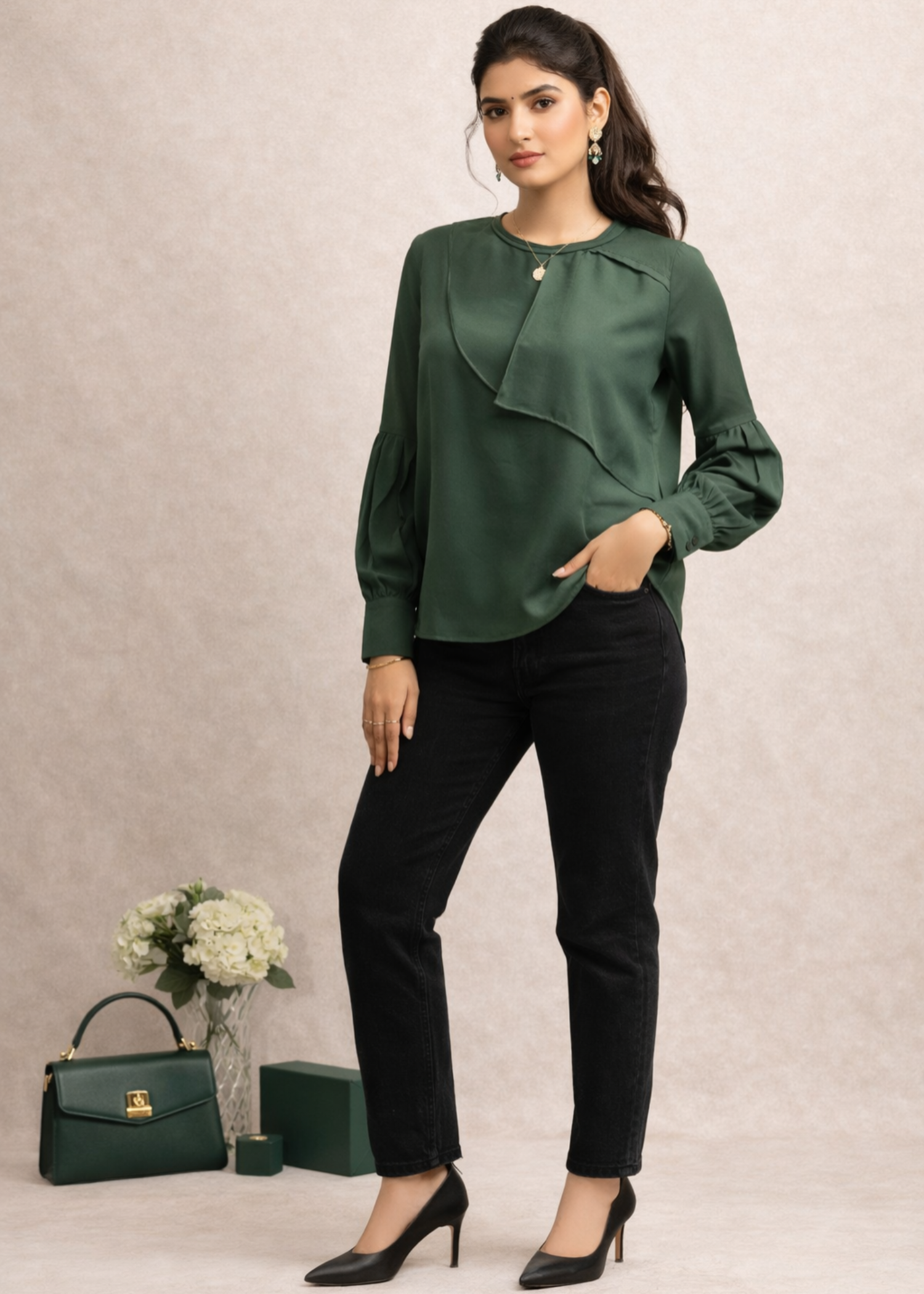 satin polyester Top in Bottle green