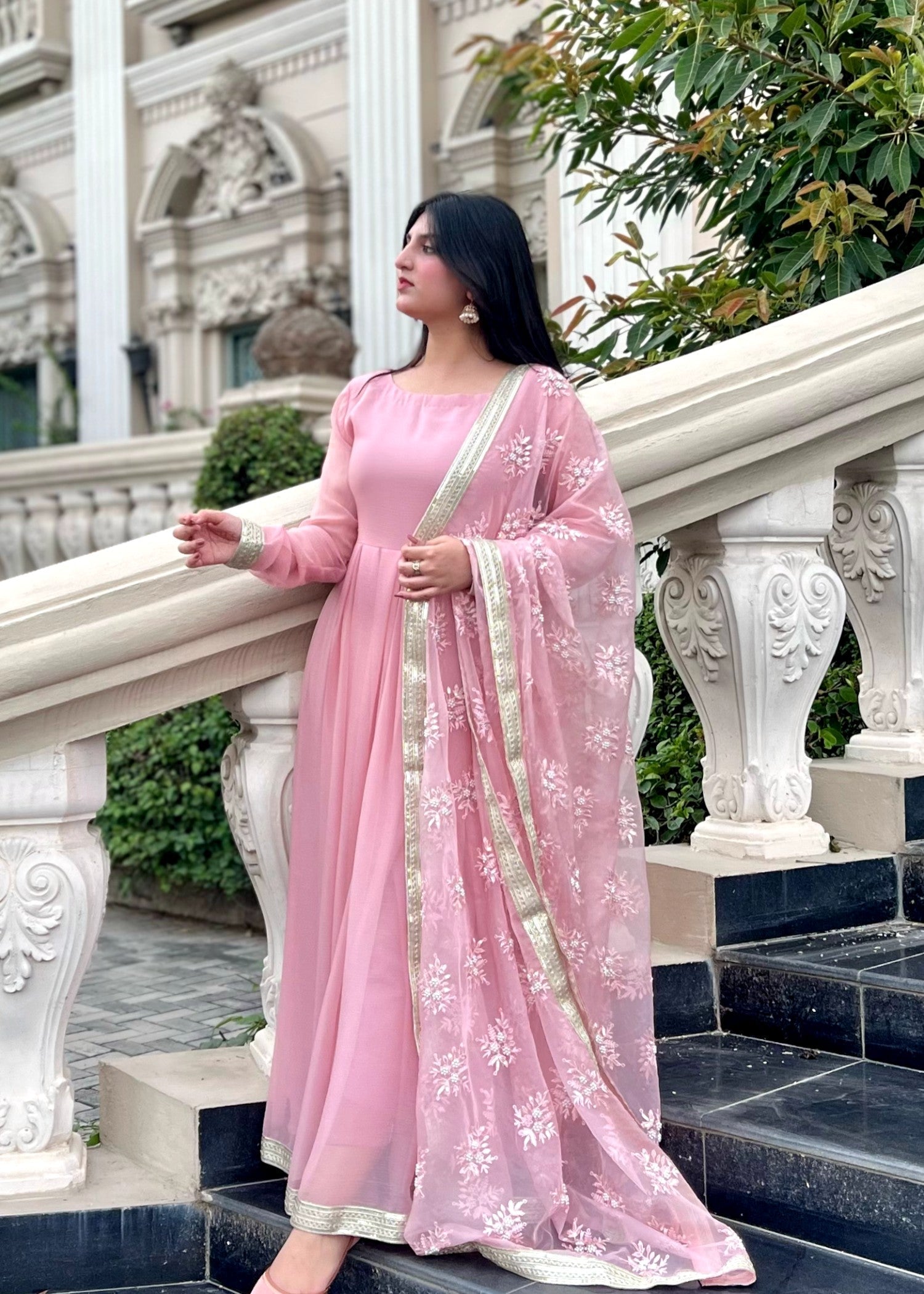 bemberg crinkle chiffon Anarkali in Pastel pink