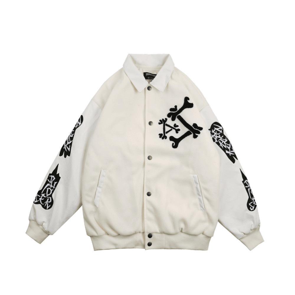 Skeleton Embroidery Jacket Coat Loose Lapel Stitching Baseball Uniform