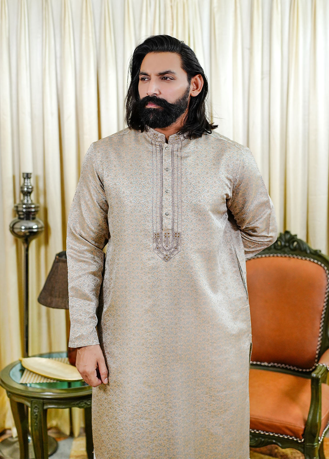 traditional jamawar Kurta in Beige