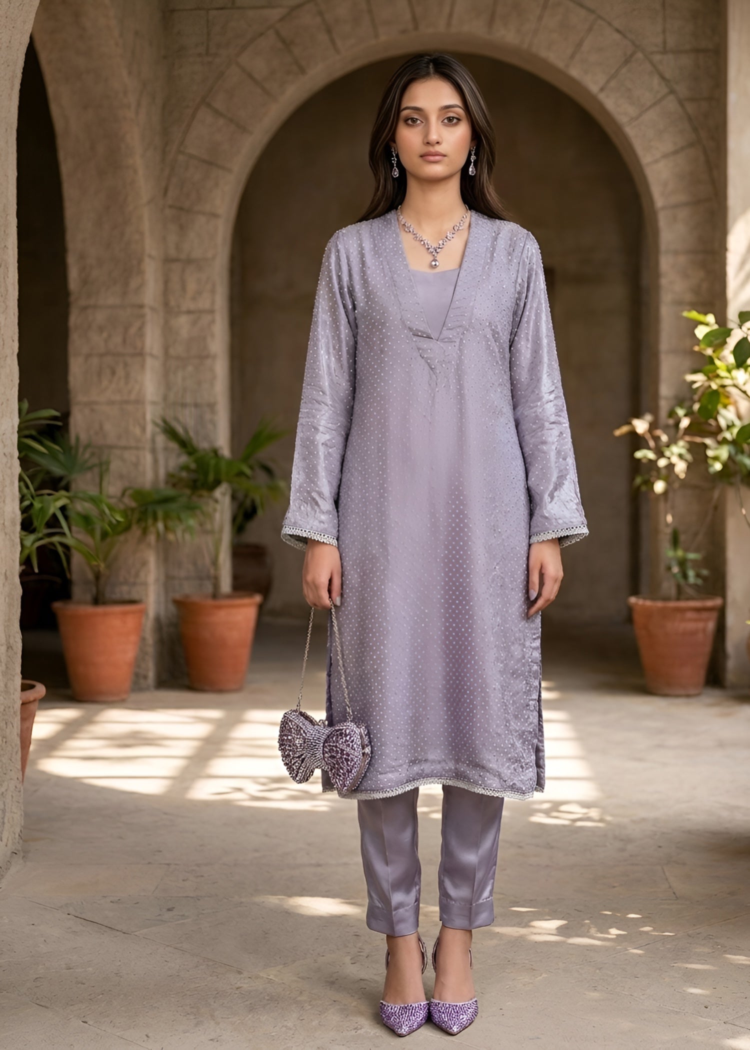chiffon silk Kurta Set in Lavender, lavender grey