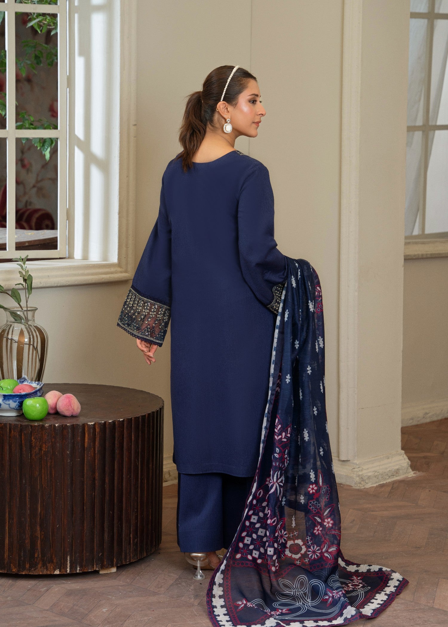 lawn karandi Kurta Set in Blue jay