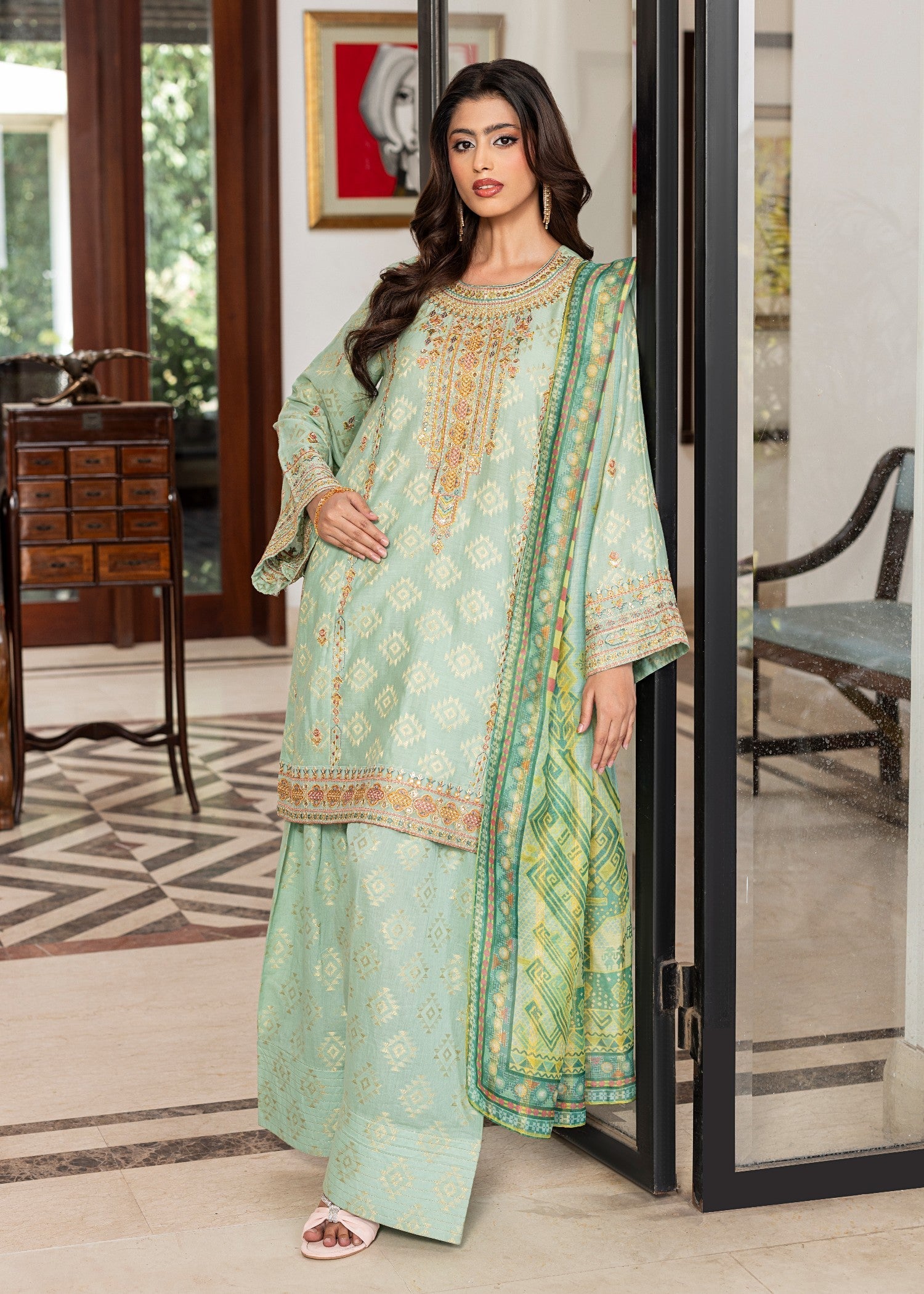jacquard Kurta Set in Light cyan