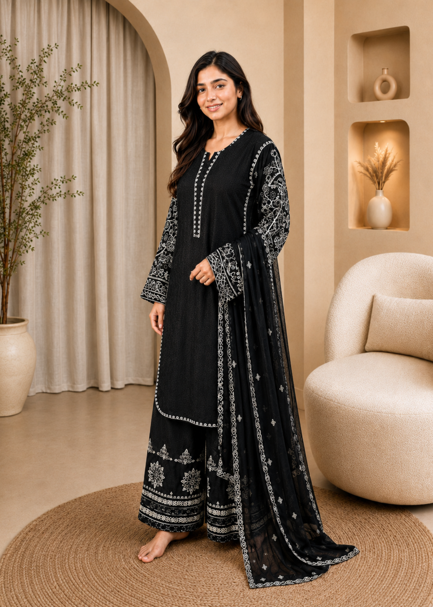 lawn cotton Kurta Set in White, jet black
