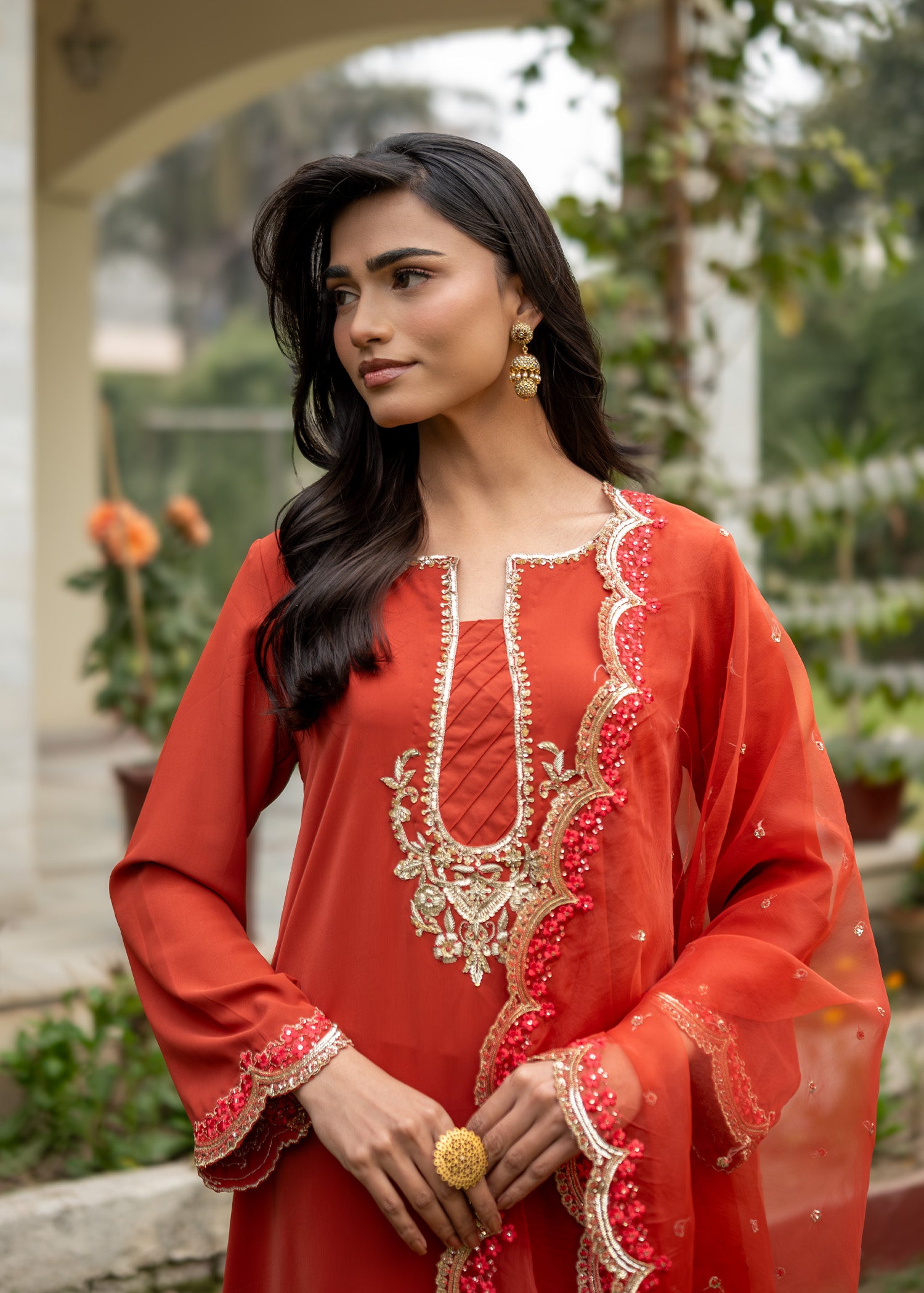 georgette Kurta Set in Rust orange