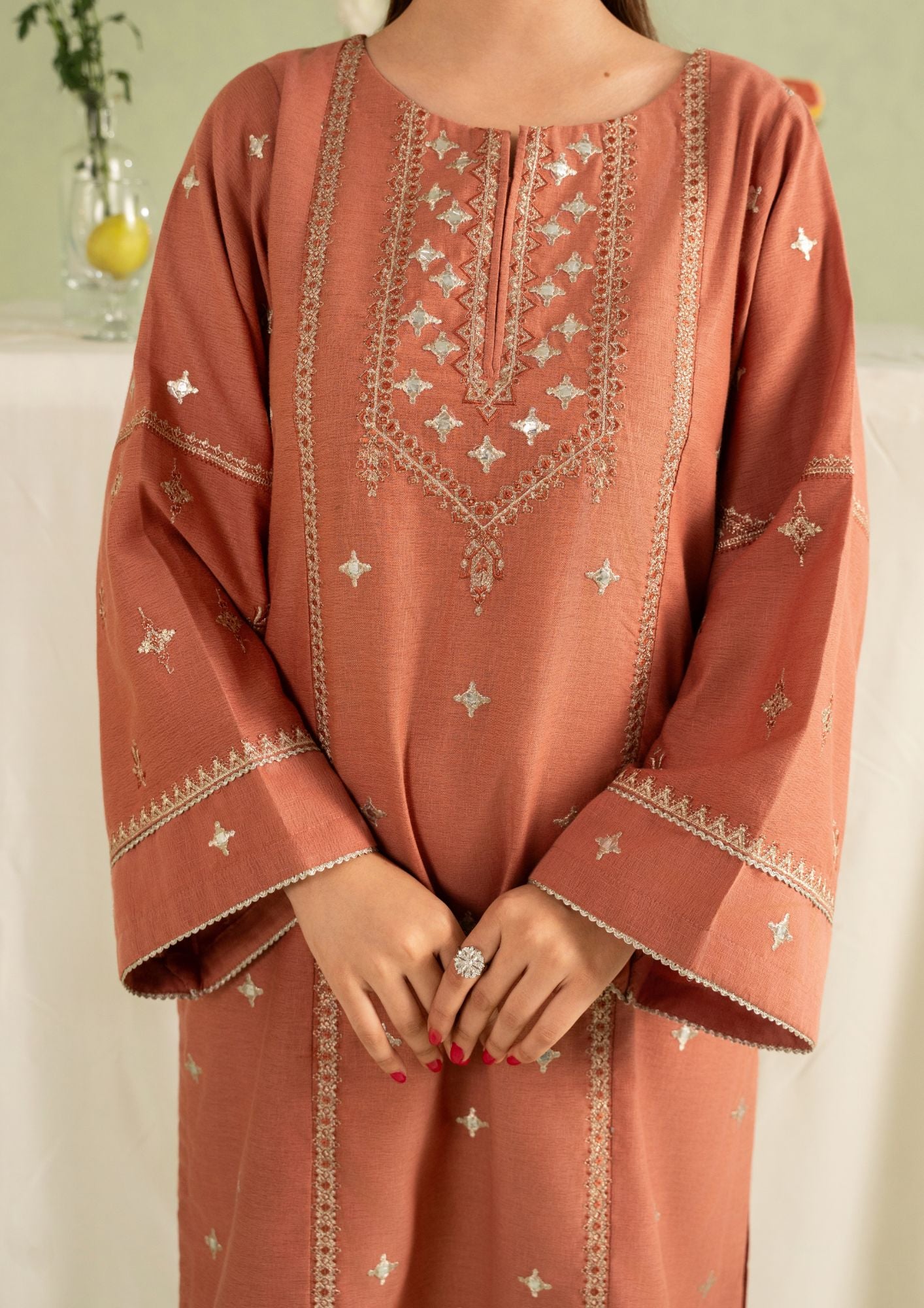 dhanak Kurta Set in Coral pink