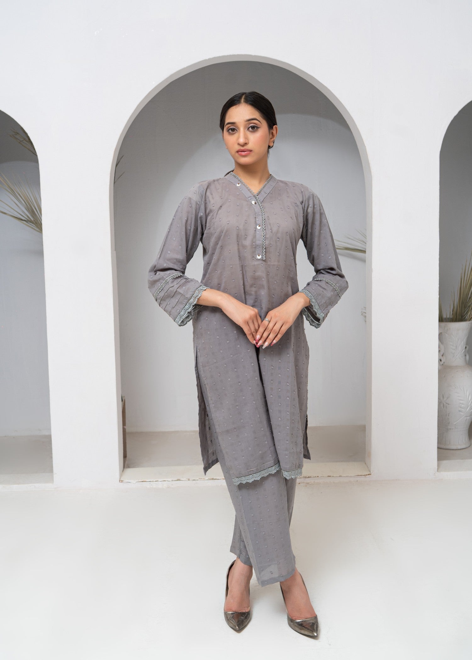cotton Kurta Set in Pastel grey