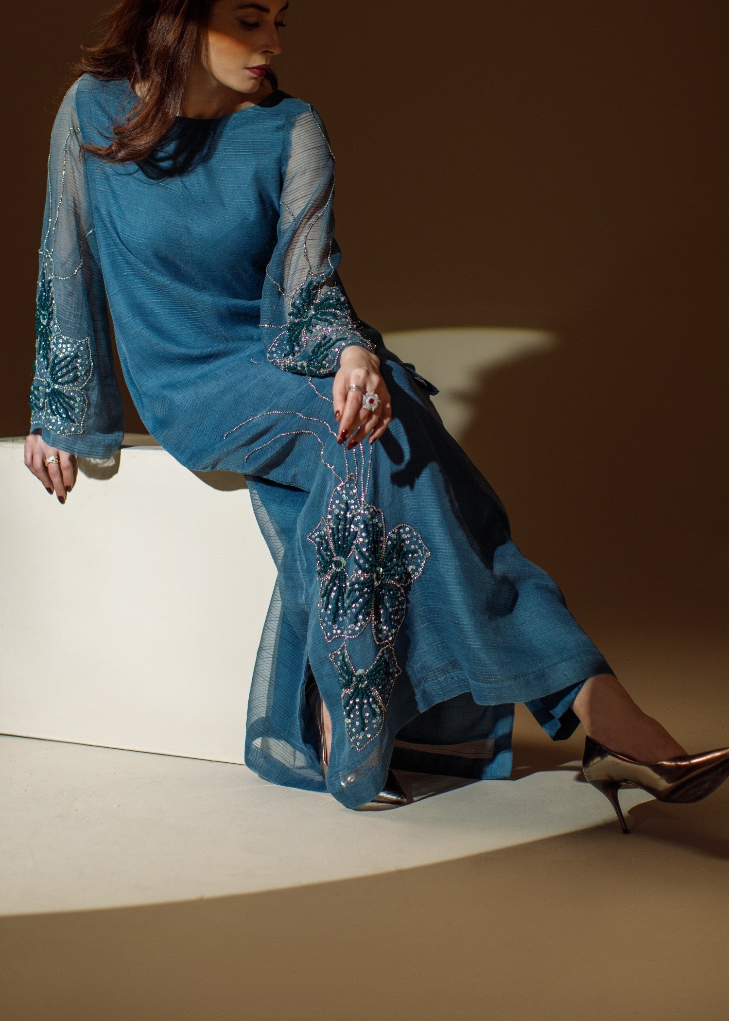 zari organza Kurta Set in Teal