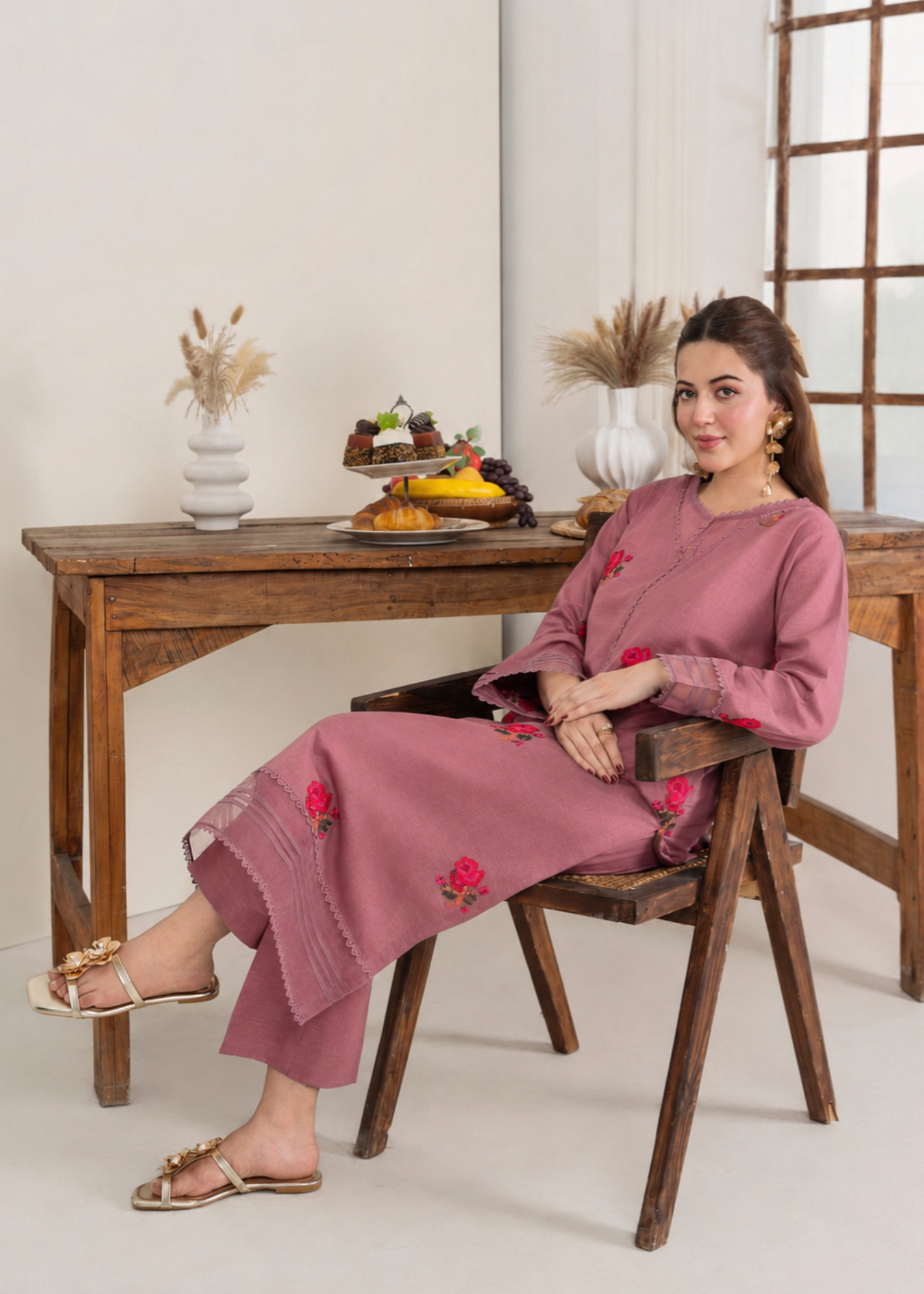 khaddar Kurta Set in Tea rose pink