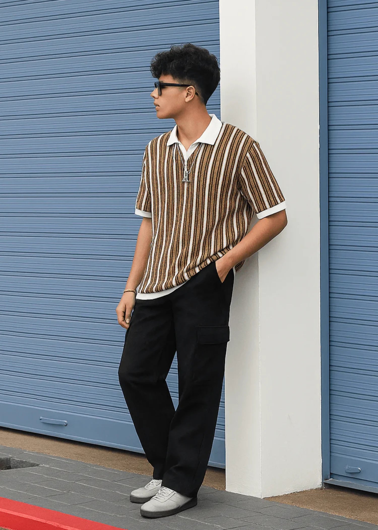 cotton Polo Shirt in Coffee brown, white