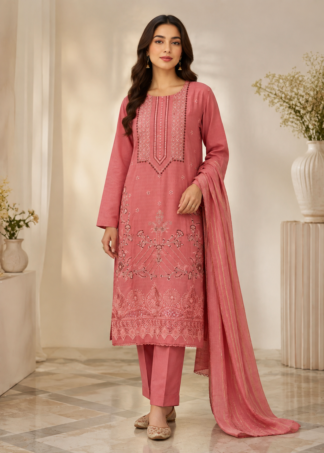 lawn cotton Kurta Set in Bubblegum pink