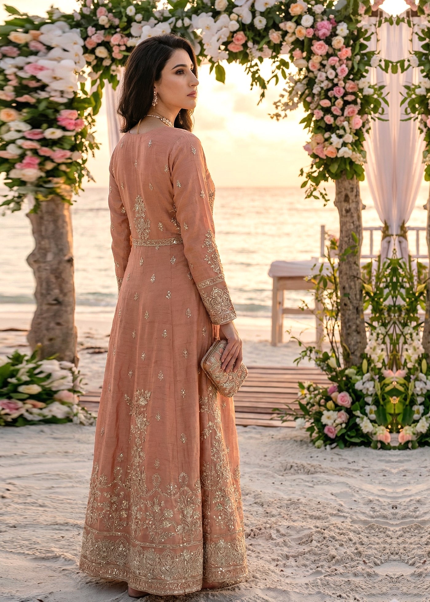 raw silk Maxi in Peach pink