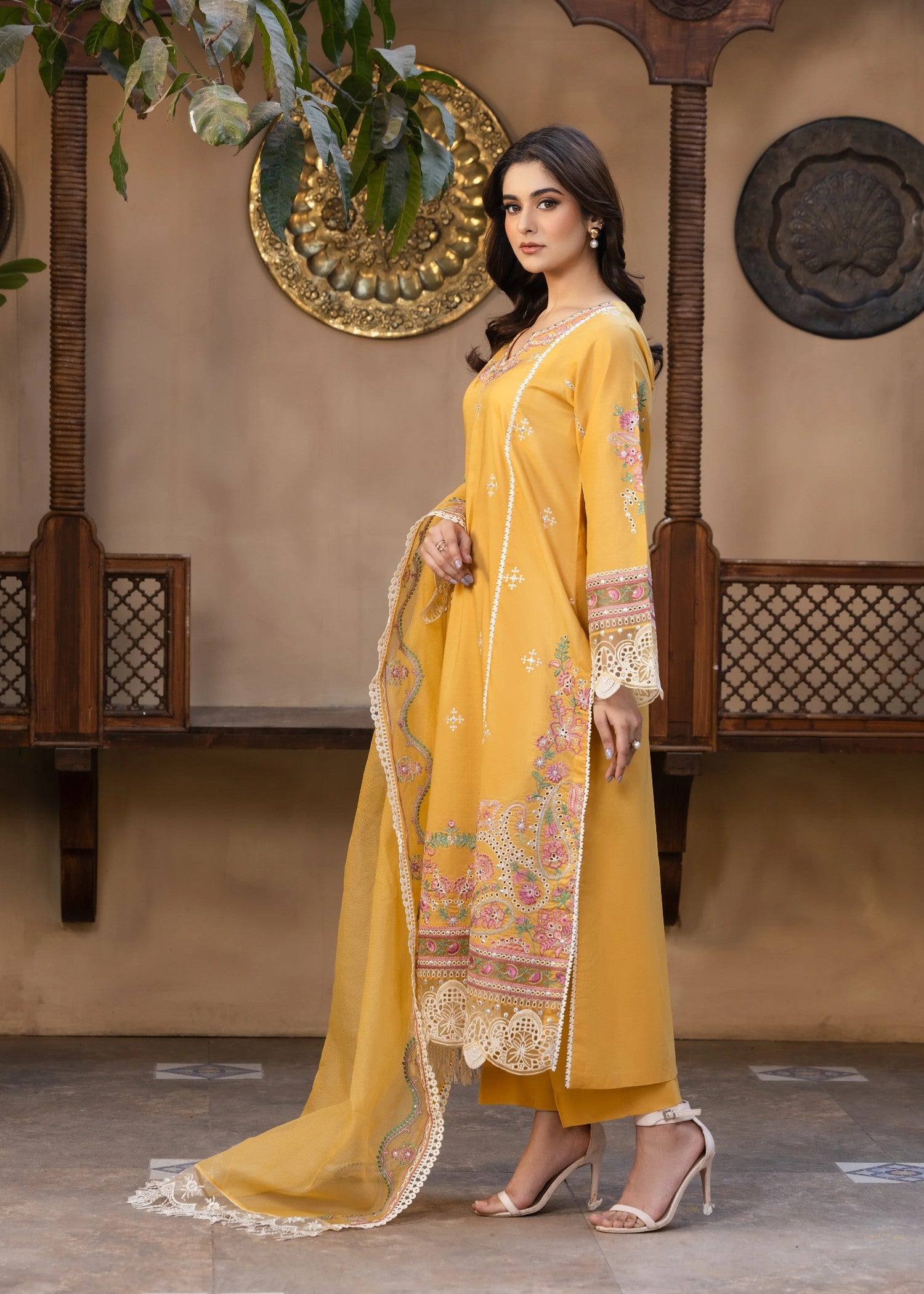 lawn Kurta Set in Golden orange