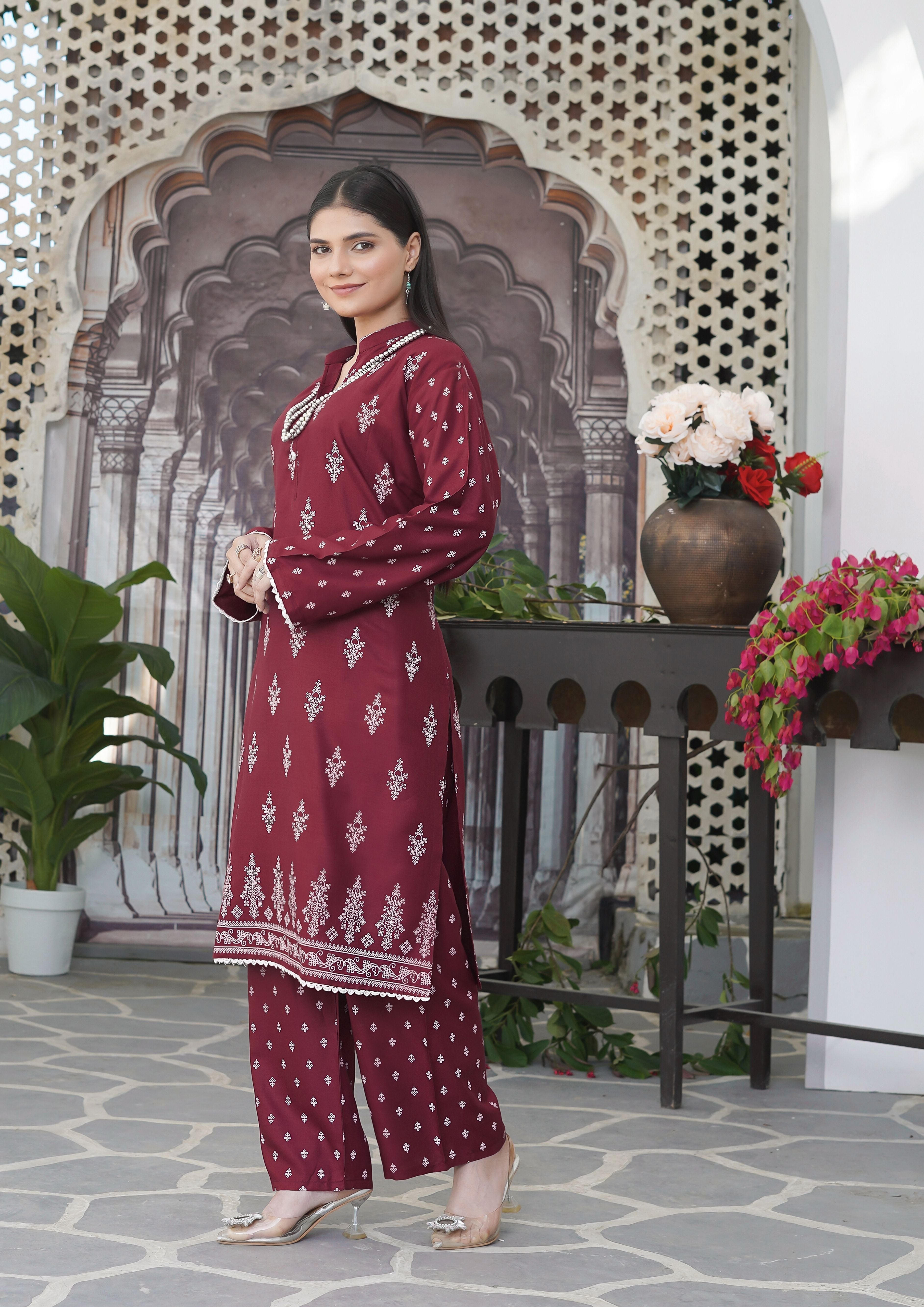 arabic lawn Kurta Set in Burgundy