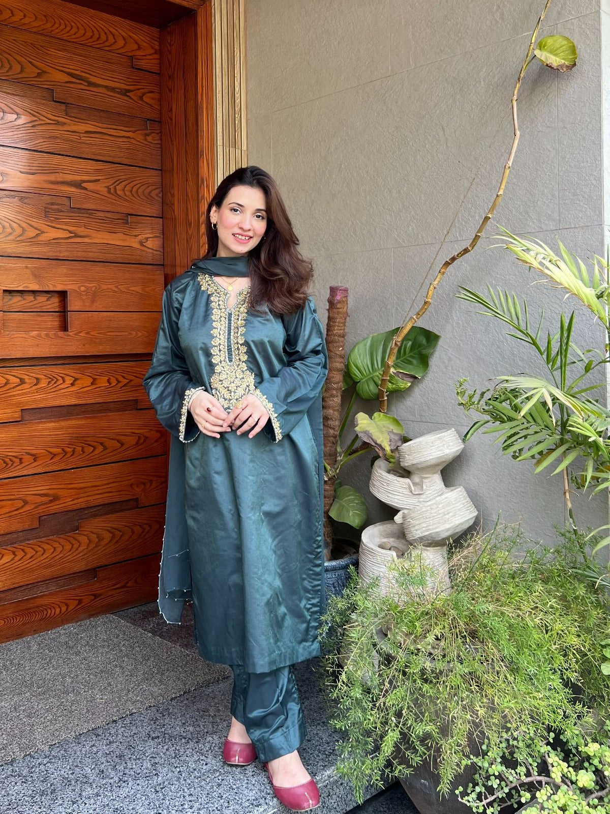 cotton silk Kurta Set in Forest green